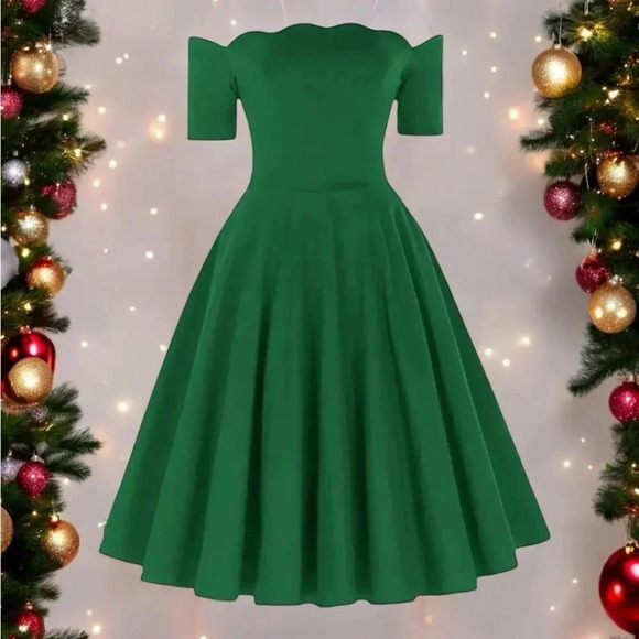 Green Retro Belle Poque Swing Dress Size Medium Off Shoulder Scalloped Neckline - Picture 1 of 10